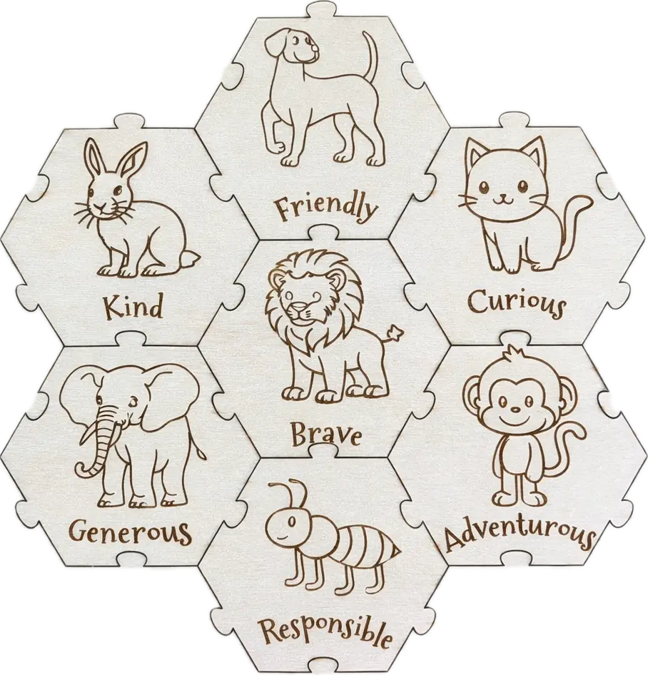 Wooden puzzle example with 7 pieces featuring animal illustrations and kindness traits